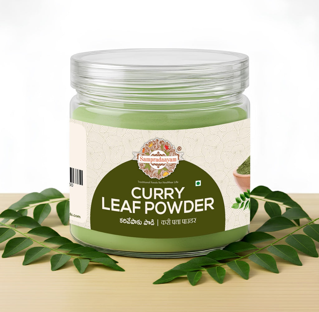 Raw Curry Leaf Powder in pack – natural, antioxidant-rich Indian spice powder for rice, dosa, idli, and chutneys
